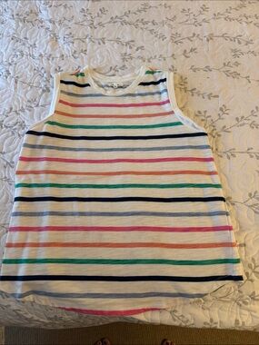 Maurices White Tank Top with Pink, Green, Navy & Coral Stripes